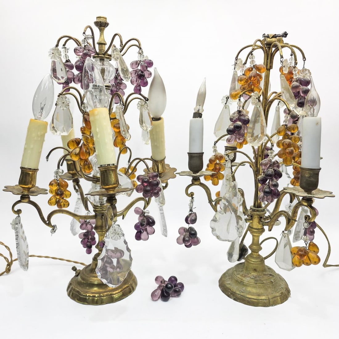 2 Czech Art Glass & Bronze Grape Table Lamps: 2 Vintage Czechoslovakian Art Glass & Bronze Grape Table Lamps. Condition: As Found. Please Note- We Do Not Guarantee the Workability or Wiring of Any Lamps. Dimensions: H-18". Provenance: From a Long