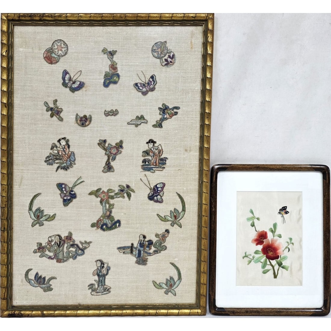 Chinese Assemblage of Silk Embroidery Cutouts: Vintage Chinese Assemblage of Silk Embroidery Cutouts on Linen Backing. Along w/ Another. Both Are Framed Under Glass & Have Not Been Examined out of Frames.Condition: Generally Good. Dimensions: Larg
