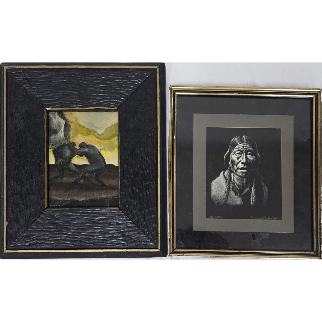 Raymond Charles Dell, American (20th C.): Raymond Charles Dell, American (20th C.) Scratchboard "Cheyenne". Signed Lower Right & Described Lower Left. Framed Under Glass. Has Not Been Examined Out of Frame. Along w/ a Framed Painting Oil on B