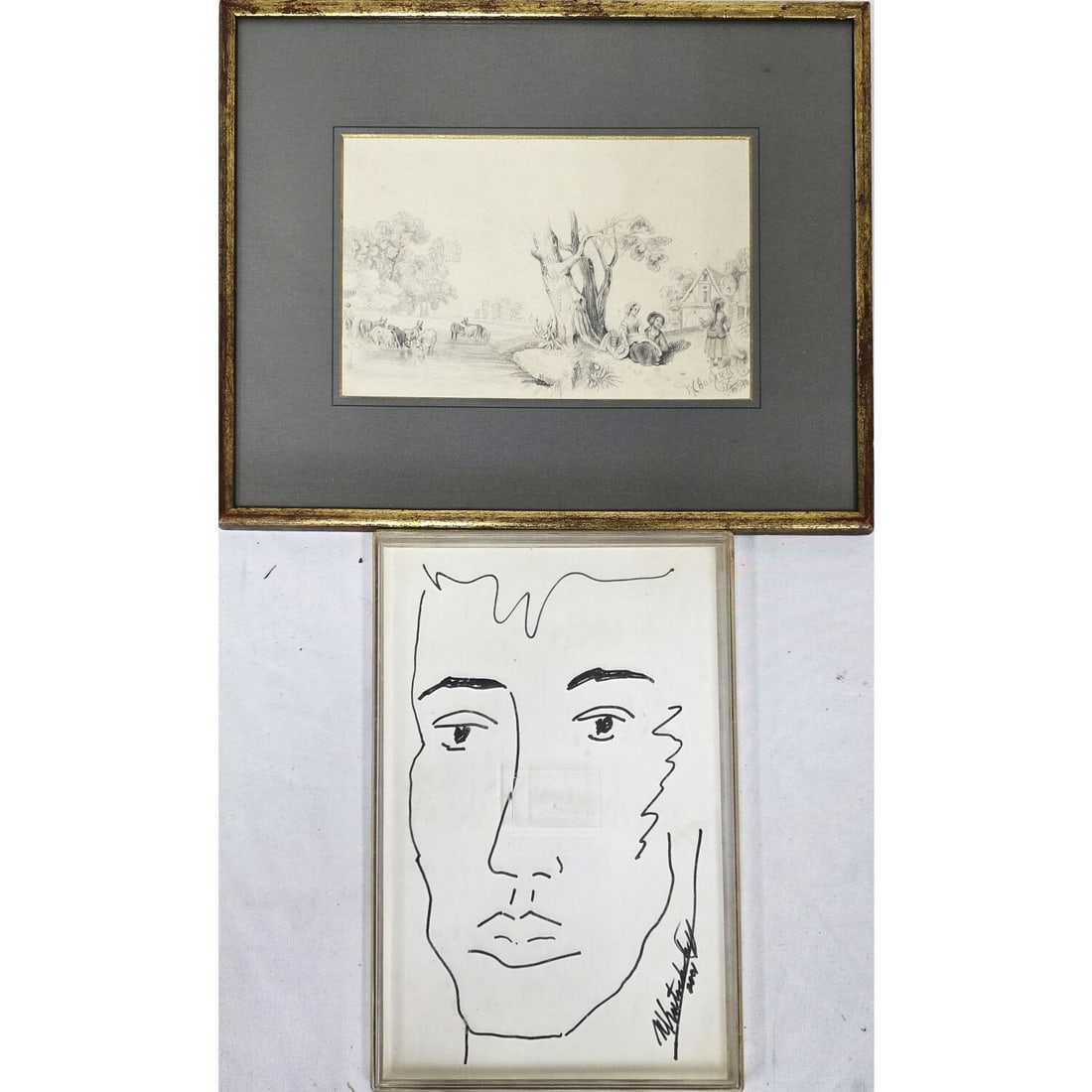 Lot of 2 Signed Drawings: Lot of 2 Signed Drawings. Framed & Both Signed Lower Right. Condition: Generally Good. 1 is Framed Under Glass. Has Not Been Examined Out of Frame. Dimensions: Larger Sight- W- 8.75" x H- 5.25". Frame