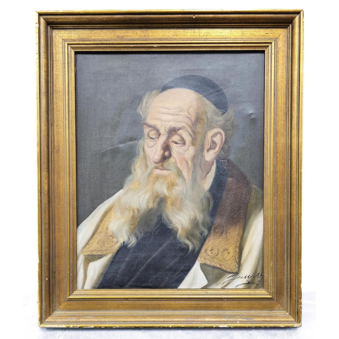 Judaica Vintage Signed Painting, Oil on Canvas: Judaica Vintage Signed Painting, Oil on Canvas "Rabbi". Signed Lower Right & Described on the Verso. In Original Frame. Condition: Has Some Scratches. Dimensions: Sight: 20" x 16". Frame: 25.5" x 21.5