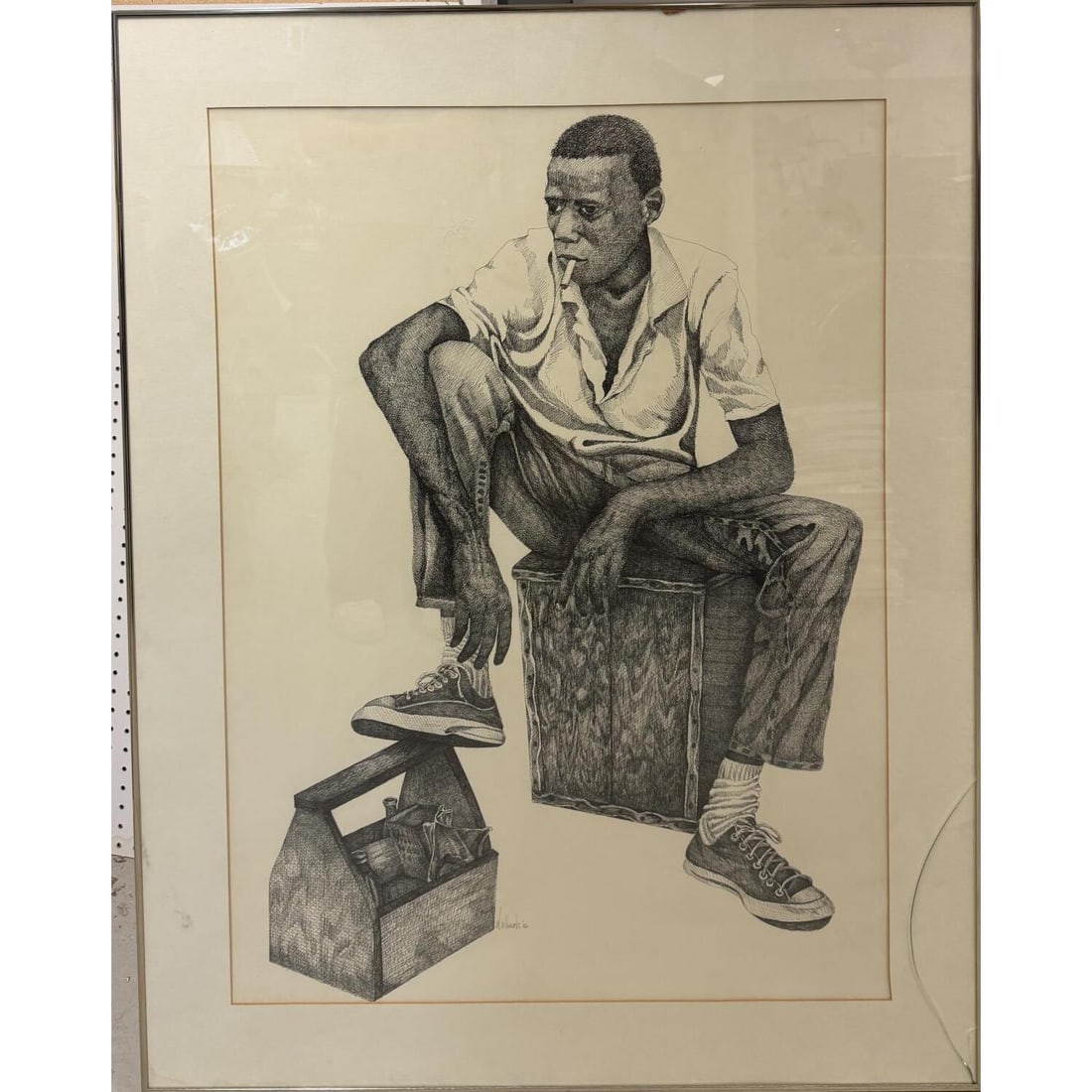 Large Signed Drawing of a Boy, Ink on Paper: Large Signed Drawing of a Boy, Ink on Paper. Signed Lower Middle "Schwartz" and Dated '82. Framed Under Glass. Condition: Generally Very Good. The Frame's Glass Has a Crack (See Photo). Has Not Been E