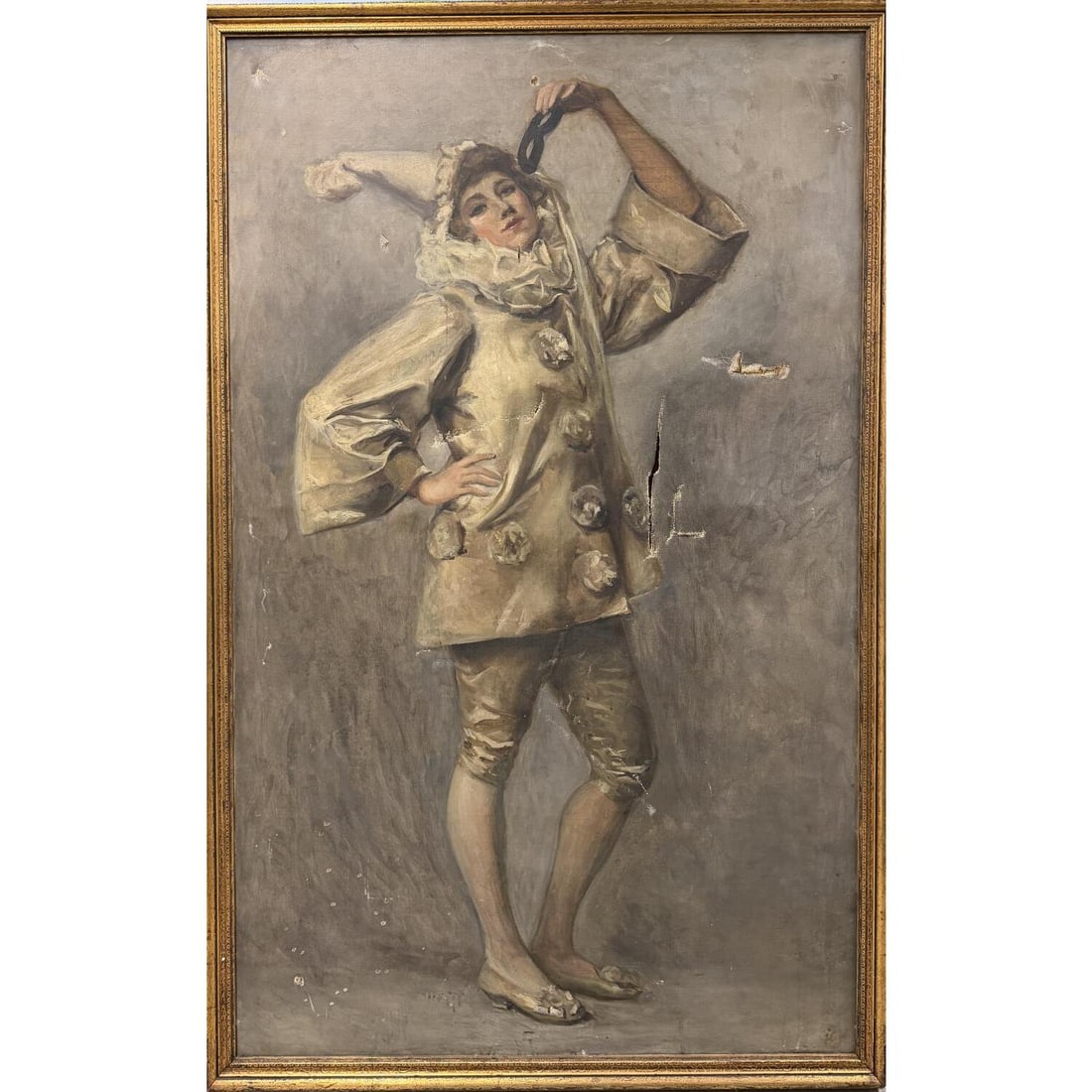 Antique Painting of a Clown, Oil on Canvas: Antique Painting of a Clown, Oil on Canvas. Apparently Unsigned. Framed. Condition: Poor. Sold As Is. Dimensions: Sight- 48" x 29.5". Frame- 51" x 32.5". Provenance: From a Long Island, NY Home. Pleas
