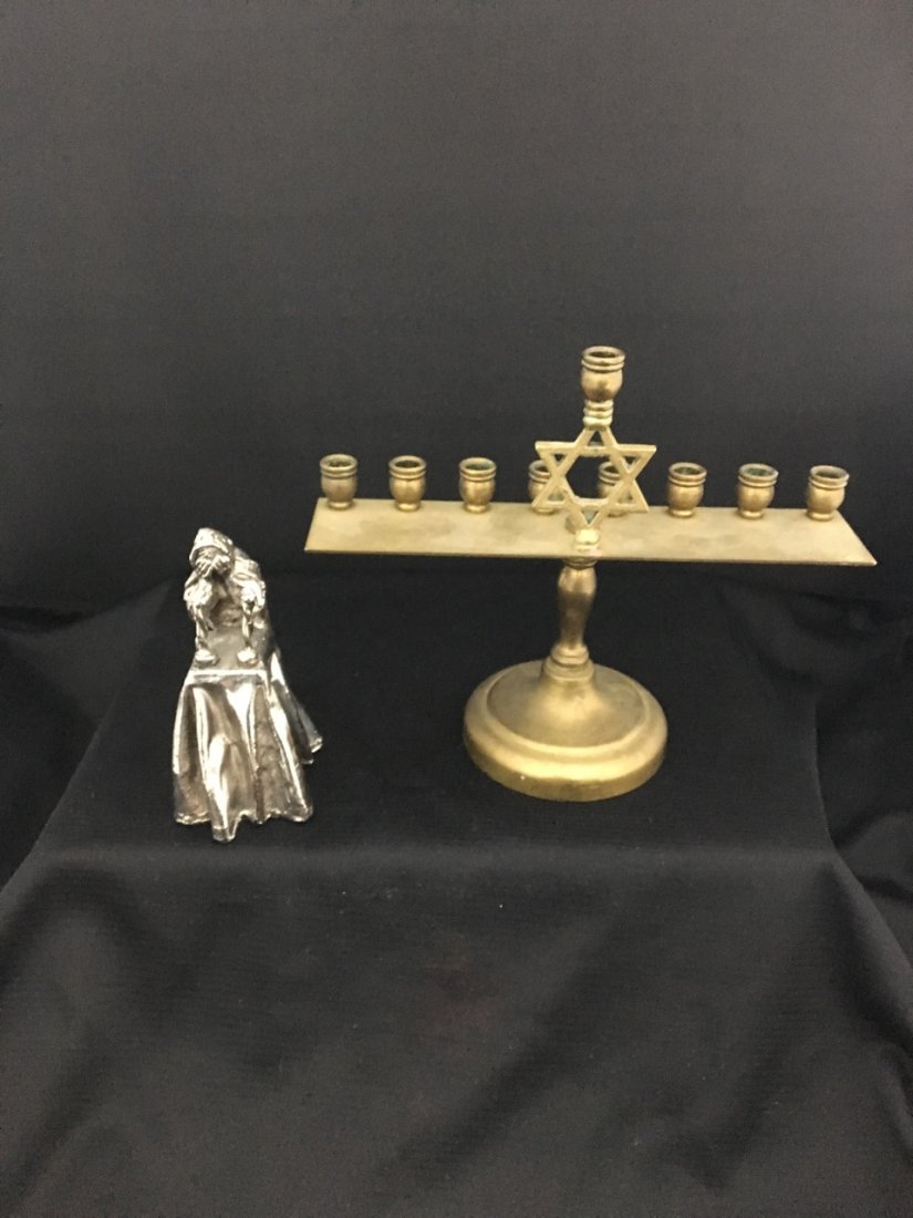 Silver Clad Woman Figurine and Copper Menorah: Figurine: 4" tall.