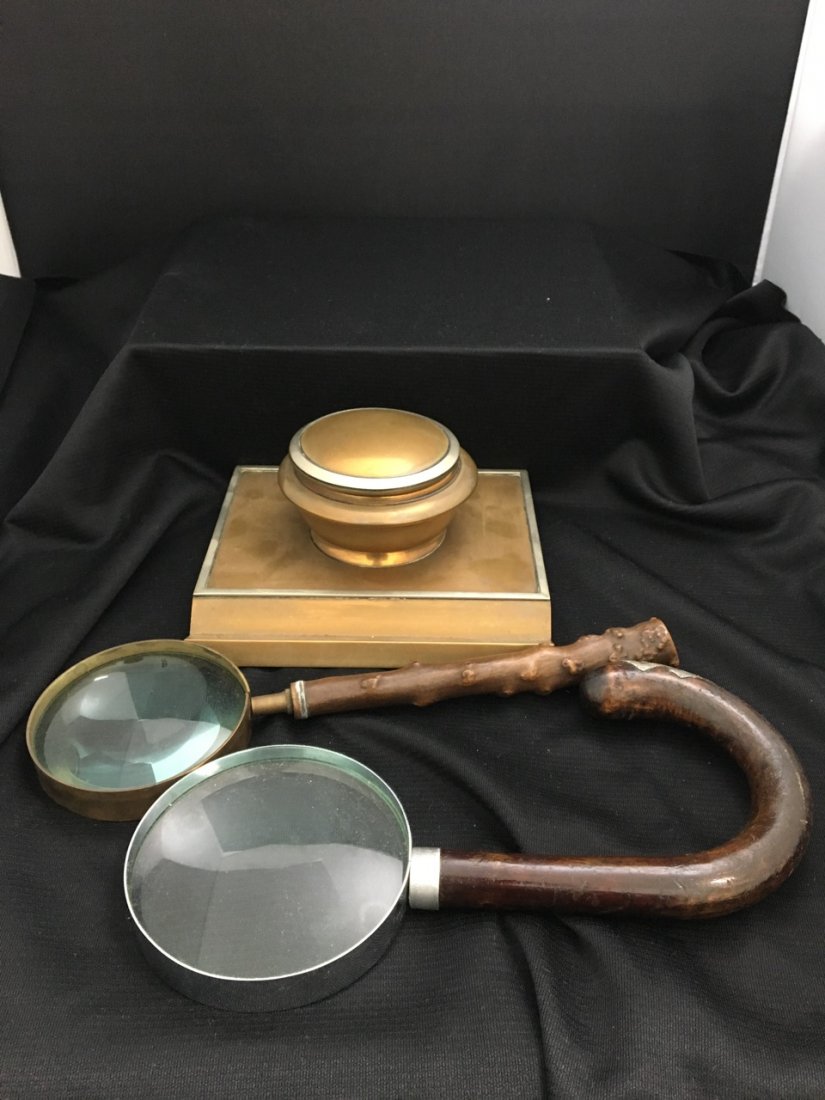 Brass and Sterling Inkwell & Magnifying Glasses: Set of a brass and sterling inkwell and two wooden magnifying glasses. Magnifying glass: 11" long.