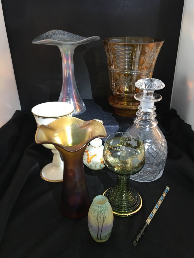 Variety of Nine Art Glass Vases: Set of nine items: some opalescent, some enameled, one old bottle, and one pen. Largest: 9" tall.
