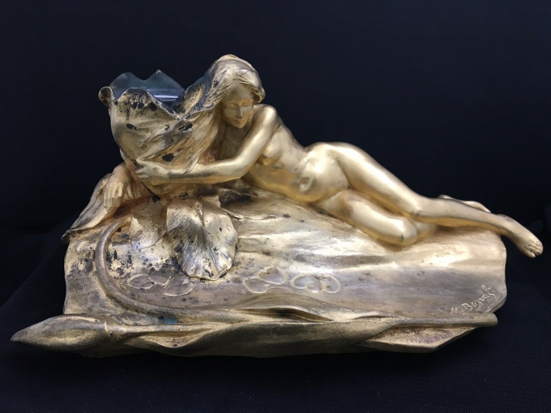 Maurice Bouval Art Nouveau Bronze Inkwell: Inkwell with figure of nude woman. 10.5" x 6" x 5". Siot Paris Foundry
