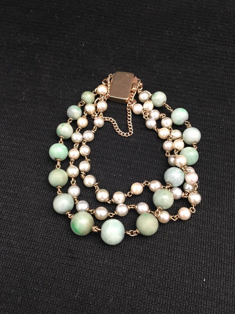 Chinese 14k Gold, Jade and Mother of Pearl Bracelet (1 of 2)