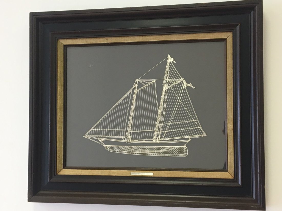 Sterling Silver Diorama of Schooner Yacht America: In original frame. Frame: 25" x 21", glass: 18" x 14"