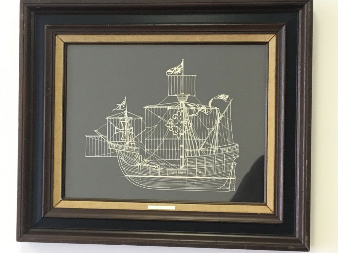 Sterling Silver Diorama of the Nao Santa Maria: In original frame. Frame: 25" x 21", glass: 18" x 14"