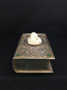 Rare Silver Book Shape Form Singing Bird Box: French or German, c. 1930, with Medallion. 5" x 3.75" x 1.5"