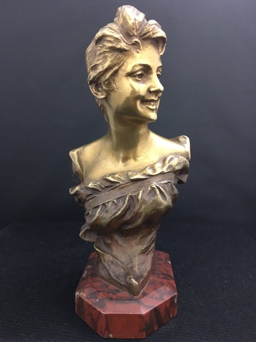 French Bronze Bust of Art Nouveau Girl on Red Marble (1 of 3)