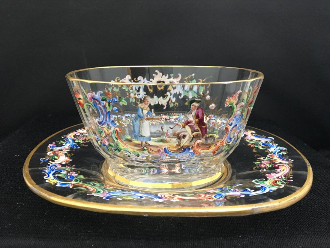 Lobmyer Enameled 19th-Century Bowl and Tray (1 of 2)