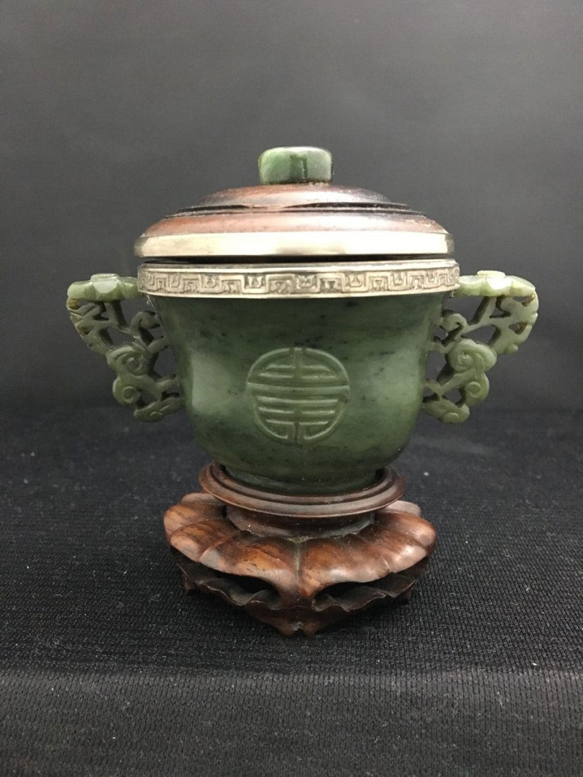 Rare Chinese Carved Green Jade and Rosewood Inkwell (1 of 4)