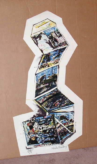 Malcolm Morley, Astronauts Postcard Stone Litho: Hand drawn lithograph signed by the artist and marked AP. Hand cut by Morley in the shape of the original fold out postcard. Printed in 1973 and is one of the first original prints created by the arti