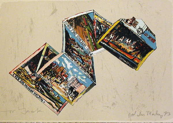 Malcolm Morley, Miami Postcard, Stone Litho": From the "Arles/Miami" Portfolio of 5 lithographs published in 1973. These were the first original, hand drawn prints ever created by Morley and, as such, are important for any serious collection. 24"
