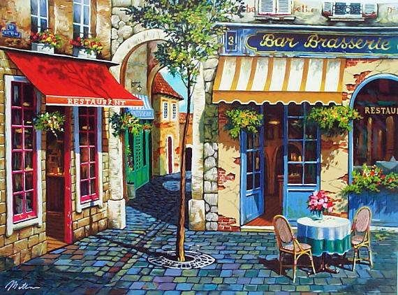 Anatoly Metlan, Café in Provence, Signed SS on Canvas