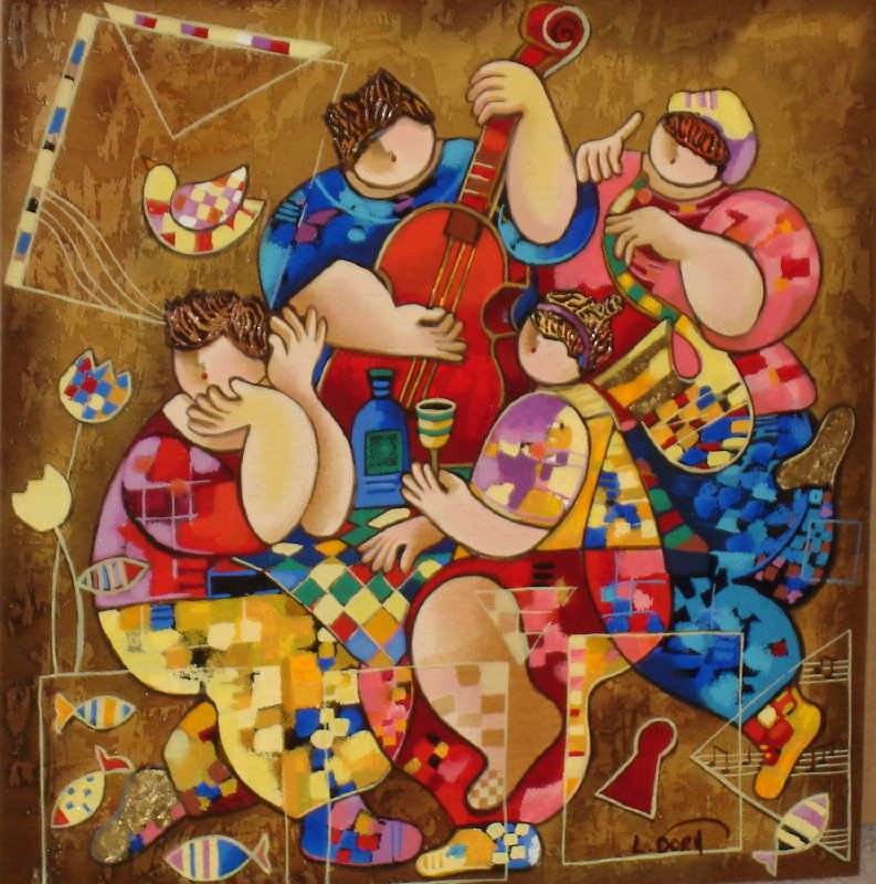 Dorit Levi, Festive Feast, Signed SS on Wood