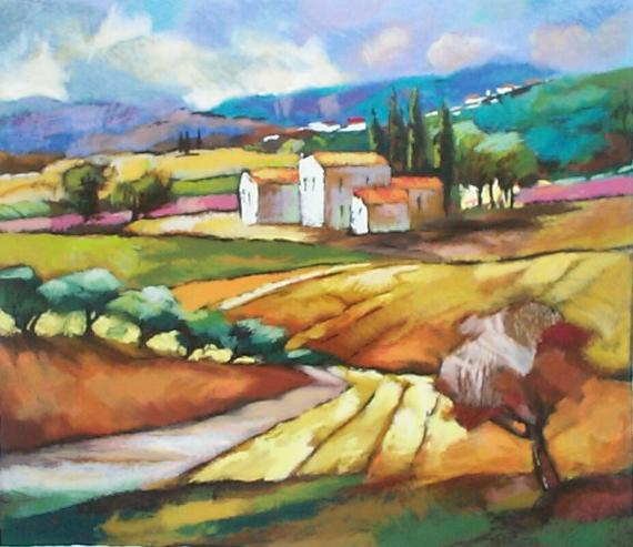 Slava Brodinsky, Tuscany, Signed Serigraph: This contemporary Russian artist is a master of ‘painting the light,’ capturing the rays of the sun in his landscapes. 19”x22” serigraph on paper, signed and numbered by the artist. COA povide