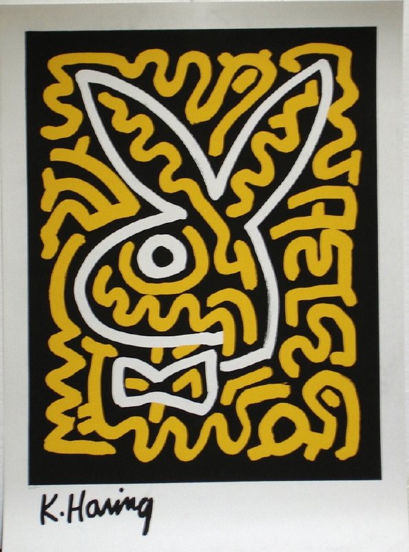 Keith Haring, Black & Yellow Bunny, Serigraph: 23x32 in. serigraph made from the original painting, signed in the plate. Published in 1990 by Playboy Magazine in conjunction with the Haring Estate, ed. 1000. Domestic shipping-$60, International de