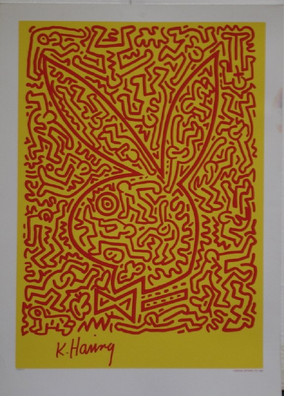 Keith Haring, Red & Yellow Bunny, Serigraph: 23x32 in. serigraph made from the original painting, signed in the plate. Published in 1990 by Playboy Magazine in conjunction with the Haring Estate, ed. 1000. Domestic shipping-$50, International de