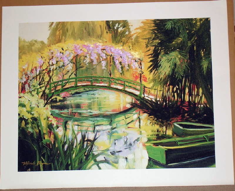 Michelle Byrne, Monets Japanese Bridge, Signed Print: His works contain dynamic expression and feminine beauty. He creates movement in his paintings and captures a moment in time on canvas. 40x30 in. hand embellished giclee on canvas. Edition of 35. Dome