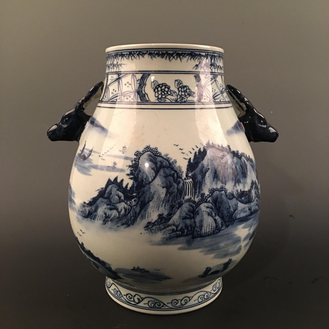 Chinese Blue-White 'Landscape' Deer-Head Handle Jar, (1 of 7)