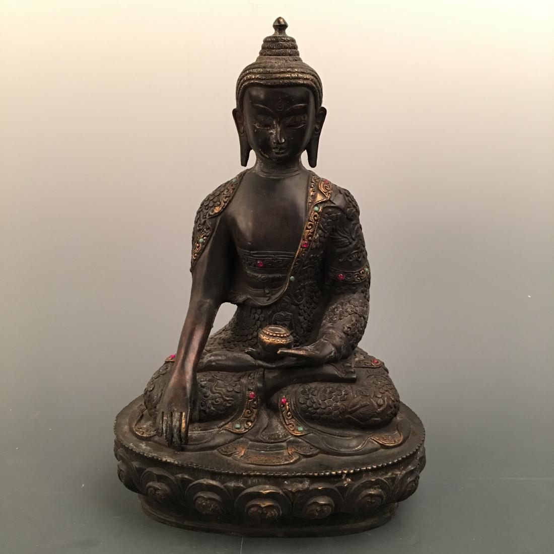 Chinese Bronze Buddha Figure Inlaid Gemstones: Chinese Bronze Buddha Figure Inlaid Gemstones 12-1/2'' H, 8'' W; 5.6 lb Shipping: We are able to pack and ship this item to an address in the United States for $35.00 via UPS Ground or USPS Priority M