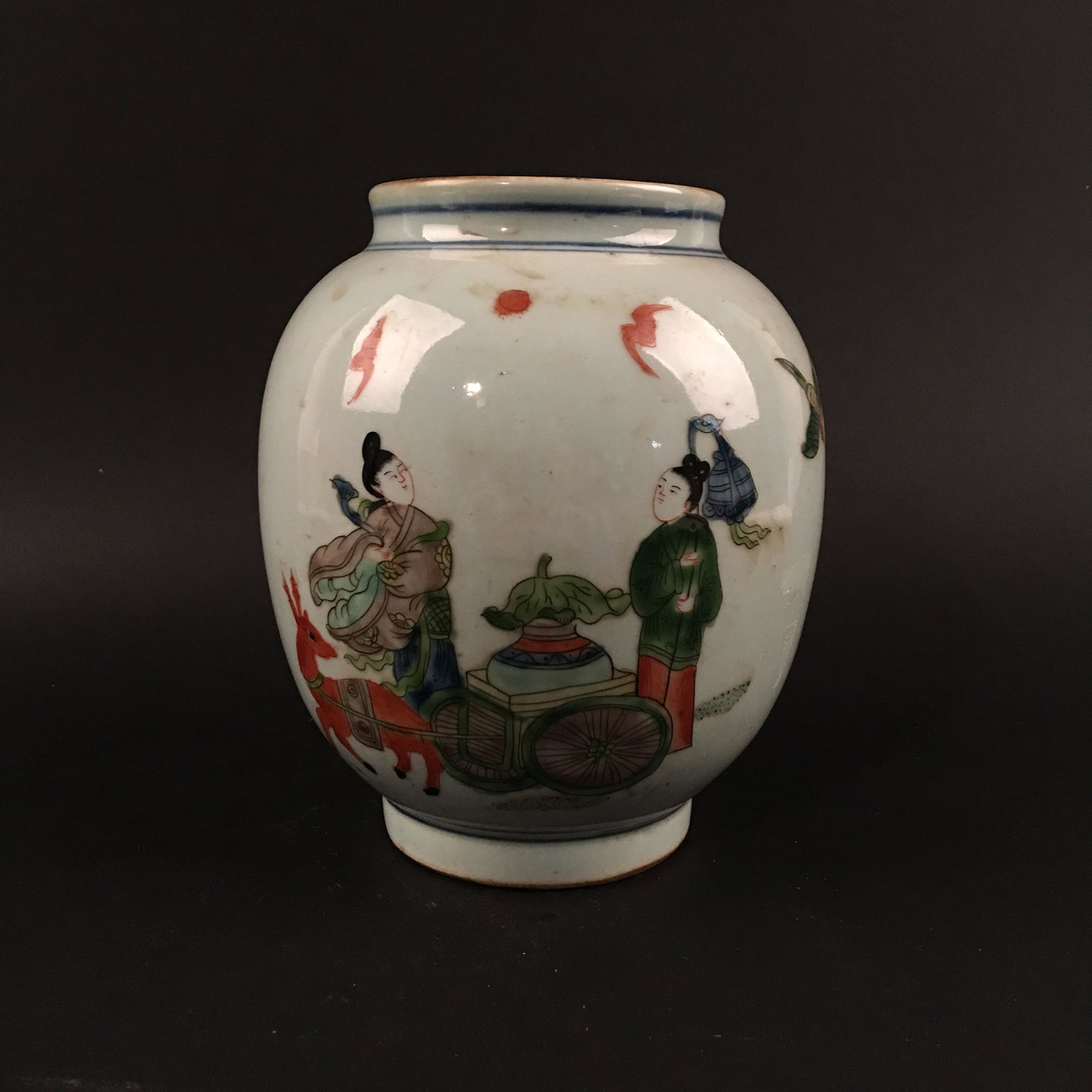 Chinese Wucai Porcelain Jar: Chinese Wucai Porcelain Jar 7-1/2'' H, 6'' W; 2.4 lb Shipping: We are able to pack and ship this item to an address in the United States for $30.00 via UPS Ground or USPS Priority Mail. Tracking infor