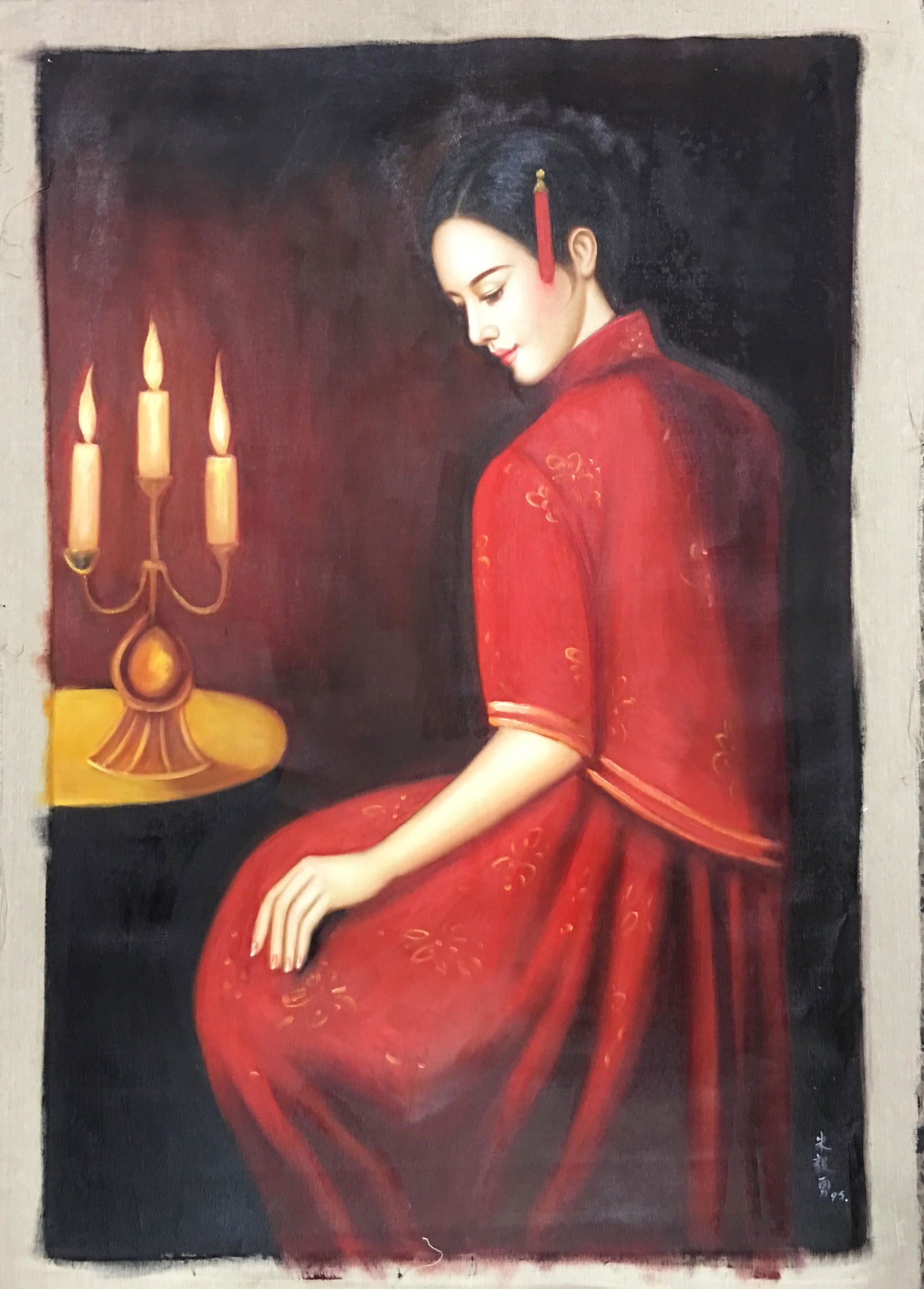 Chinese 'Bride' Oil Painting, Zhu Yiyong Signature: Chinese 'Bride' Oil Painting, Zhu Yiyong Signature 35-1/2'' H, 24'' W; 0.4 lb Shipping: We are able to pack and ship this item to an address in the United States for $25.00 via UPS Ground or USPS Prio