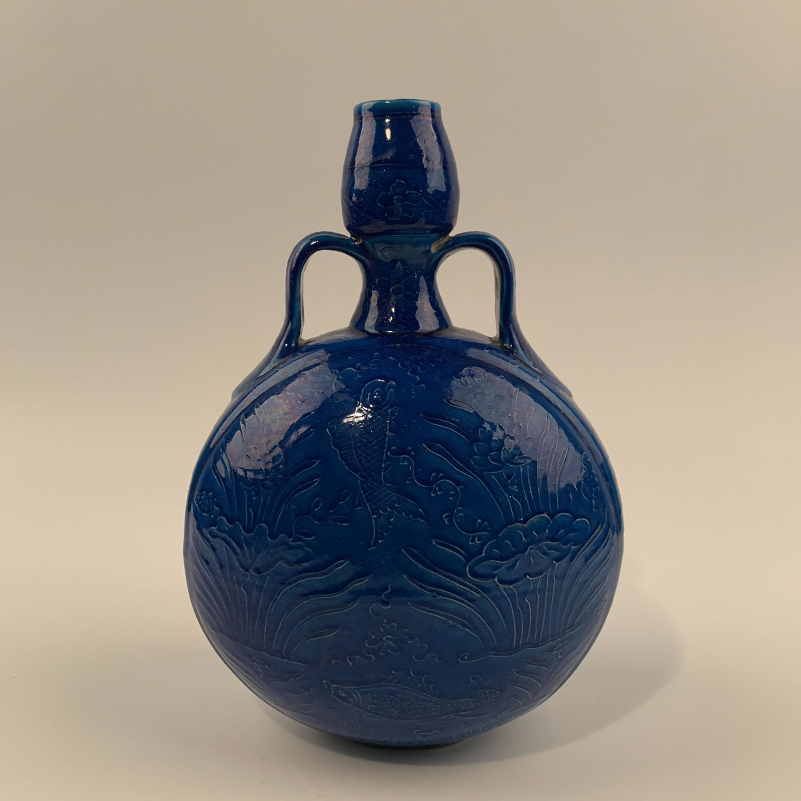 Chinese Blue Glaze Moon Flask Vase  12'' H, 9'' W; (1 of 9)