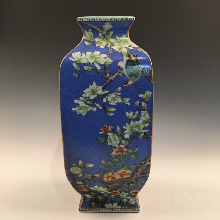 Chinese Famille Rose Blue Vase with Birds (1 of 10)