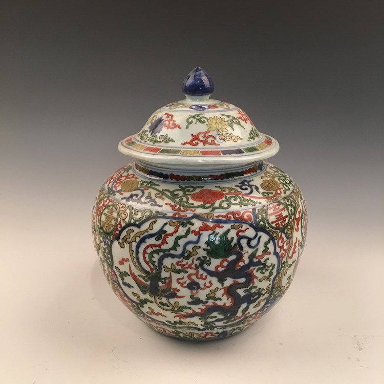Chinese Wuchai Dragon & Phoenix Jar: Chinese Wuchai Dragon & Phoenix Jar with Jiajing Mark 11" H X9-3/4" Diam., 6.6 Lbs Shipping: We are able to pack and ship this item to an address in the United States for $40.00 via UPS Ground or USPS