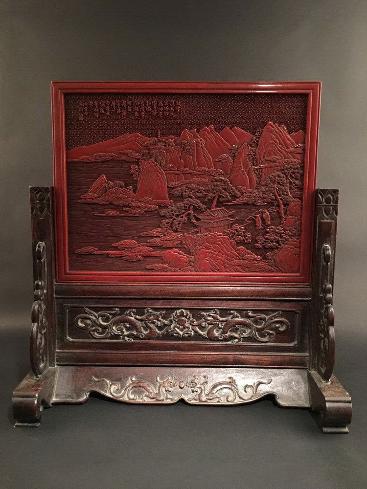 Fine Chinese Carved Cinnabar Red Lacquer Table Screen (1 of 8)