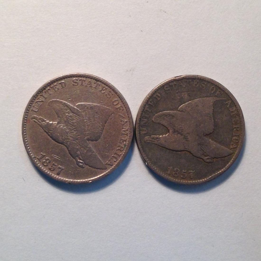 1857 FE 1C 2PC LOT G-VG REVERSE DIGS ON ONE PIECE. SOLD (1 of 2)