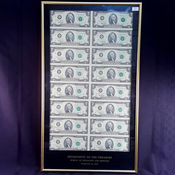 1995 16 NOTE UNCUT SHEET $2 F/B FRN CU - FRAMED (1 of 2)