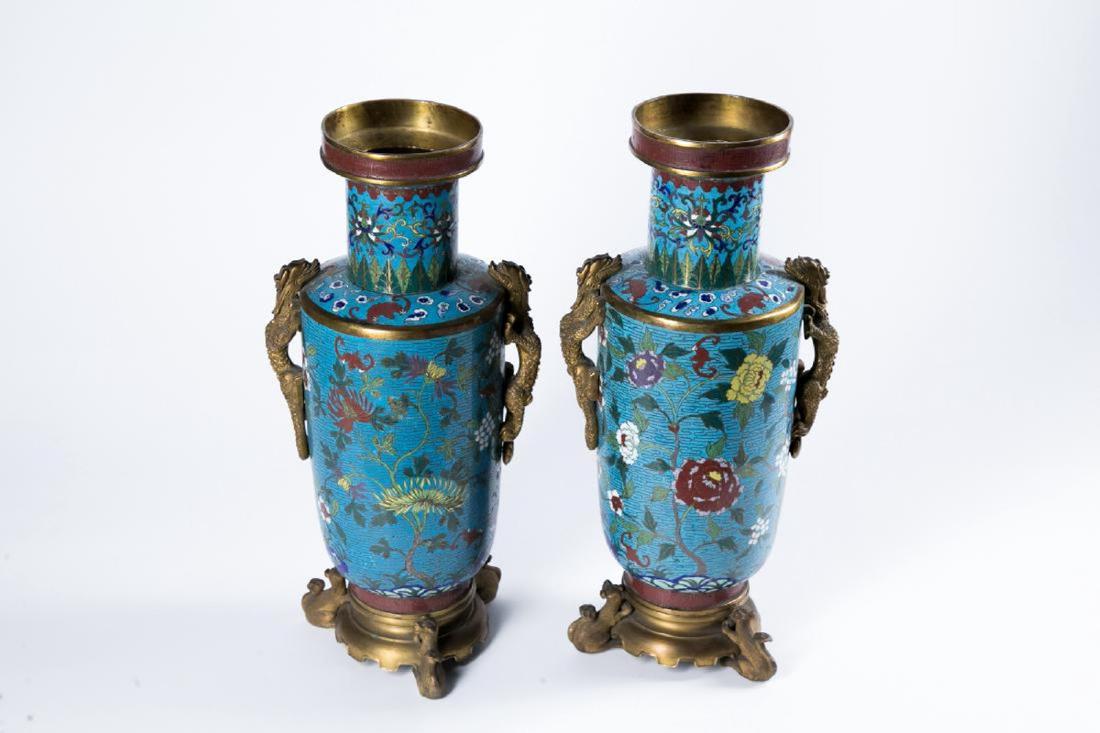 A PAIR OF GILT BRONZE 'DRAGON' CLOISONNE VASES (1 of 11)