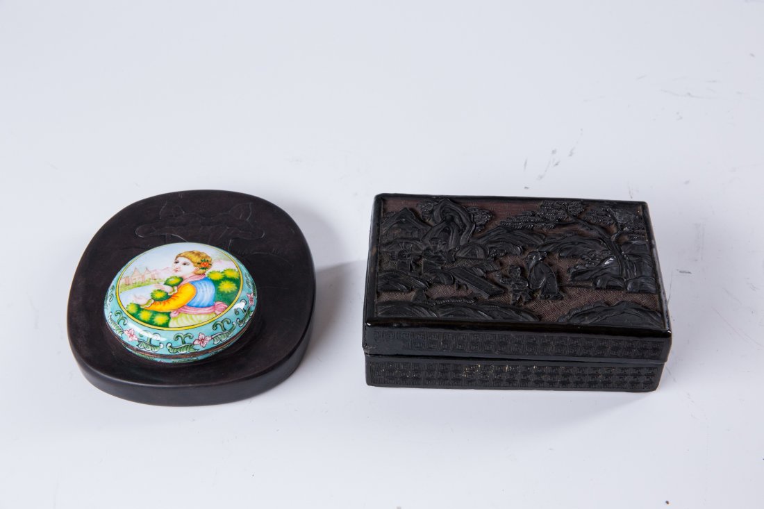 A CHINESE INK STONE, AN COOPER ENAMEL WESTERN FIGURE: INK STONE WITH DAOGUANG MARK, COOPER ENAMEL BOX WITH QIANLONG MARK
