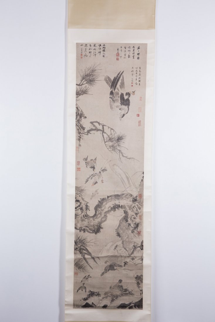 CHINESE SCROLL PAINTING OF EAGLE: AFTER WEN PENG, 65" HIGH X 16 7/8" WIDE