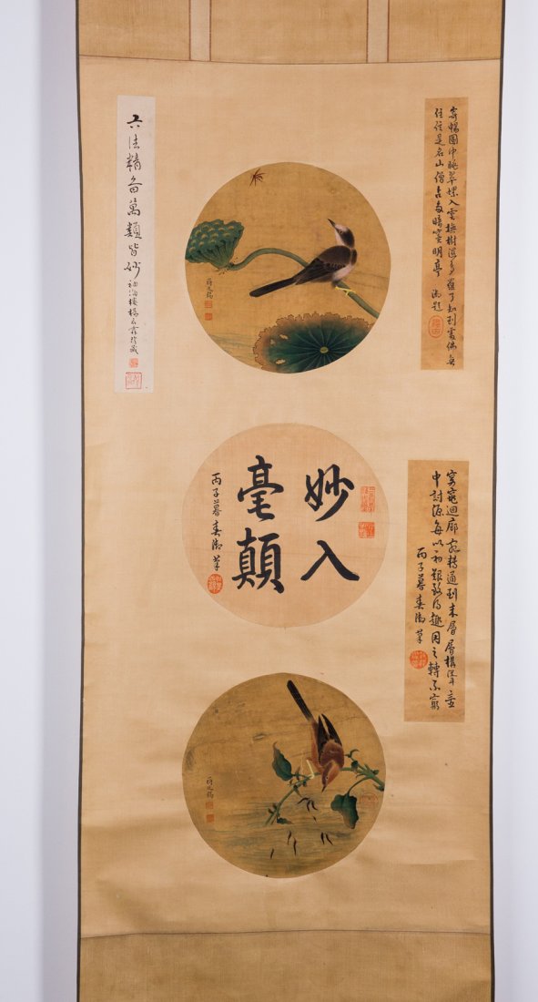 CHINESE SCROLL PAINTING OF BIRDS: AFTER JIANG TINGXI, 51" HIGH X 24" WIDE