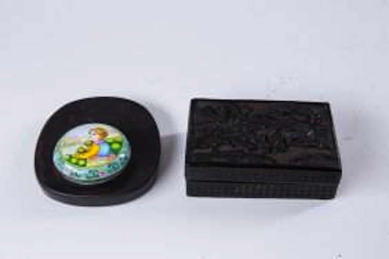 A CHINESE INK STONE, AN COOPER ENAMEL WESTERN FIGURE: INK STONE WITH "DAOGUANG MARK", COOPER ENAMEL BOX WITH QIANLONG MARK