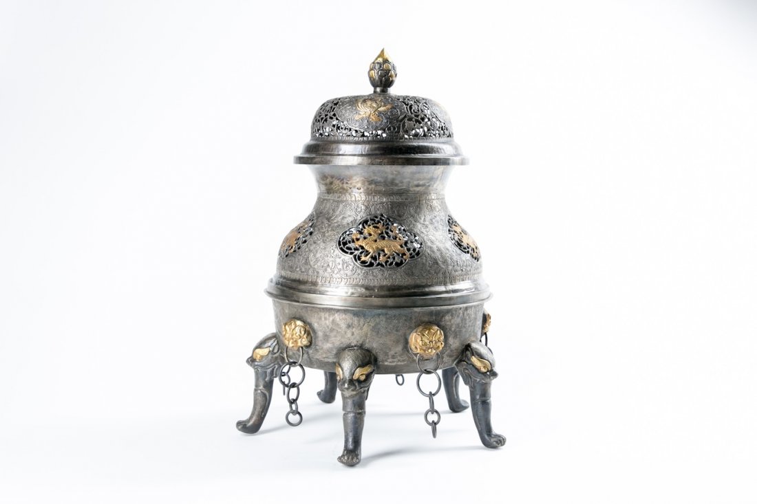 A CHINESE GILT SILVER CENSER, PROBABLY TANG DYNASTY (1 of 10)