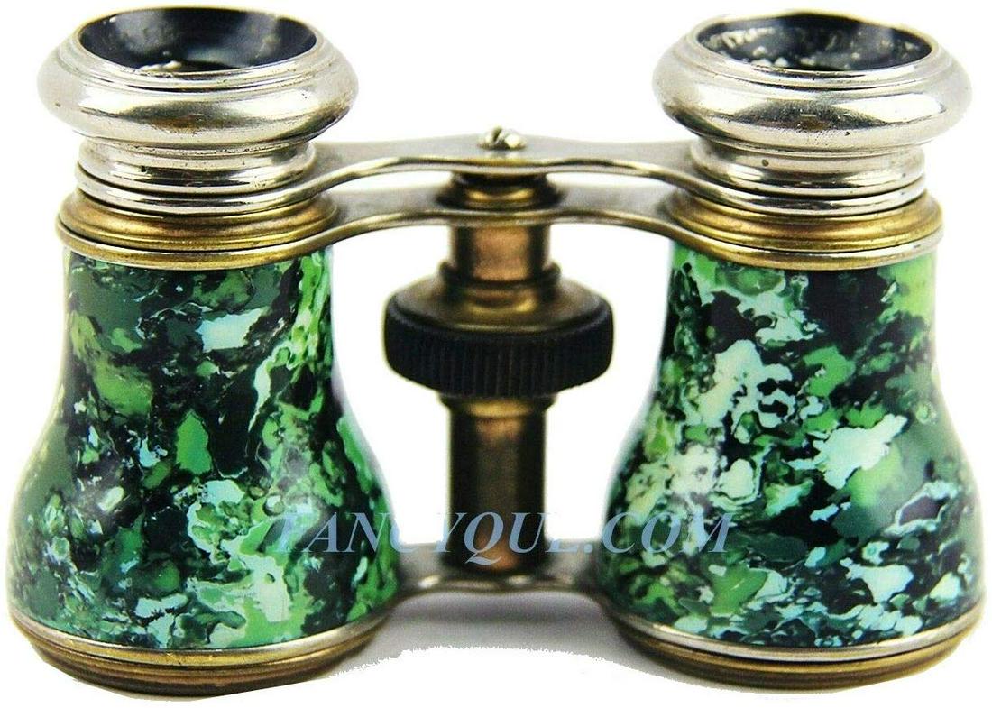 Antique FRENCH OPERA GLASSES with Green Decoration # 84: ANTIQUE FRENCH OPERA GLASSES # 84 Made of Gold Plated & Silvered Brass With GREEN DECORATION VERY RARE ITEM! It is about 4" Wide. VERY RARE! From a Large Private Collection of Rare Binoculars