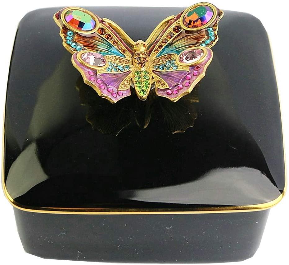 Jay Strongwater Porcelain Butterfly Black Medium Box: JAY STRONGWATER AMAZING PORCELAIN BUTTERFLY BLACK MEDIUM BOX NEW NO BOX. EXTREMELY RARE! Handpainted Enamel over metal Hand-set Multicolor Swarovski Crystals. SIZE: 2.25" TALL X 3.25" SQUARE Brand New