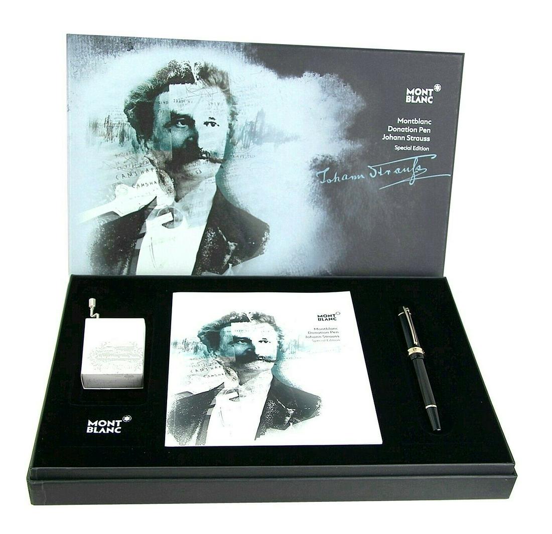 MONTBLANC DONATION JOHANN STRAUSS ROLLERBALL PEN SET: MONTBLANCGREAT DEAL! ! !DONATION ROLLERBALL PEN SETJOHANN STRAUSSBlack precious resin cap and barrel with Champagne-gold plated detailsClip in the image of a violin bowTwist-cap rollerballMusic-box tr