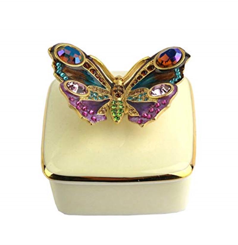 JAY STRONGWATER PORCELAIN BUTTERFLY BOX #1: JAY STRONGWATER AMAZING PORCELAIN BUTTERFLY BOX. NEW NO BOX. EXTREMELY RARE! Handpainted Enamel over metal Hand-set Multicolor Swarovski Crystals.SIZE: 2" TALL X 2" SQUARE; BUTTERFLY: 2" X 1.5" . Bran