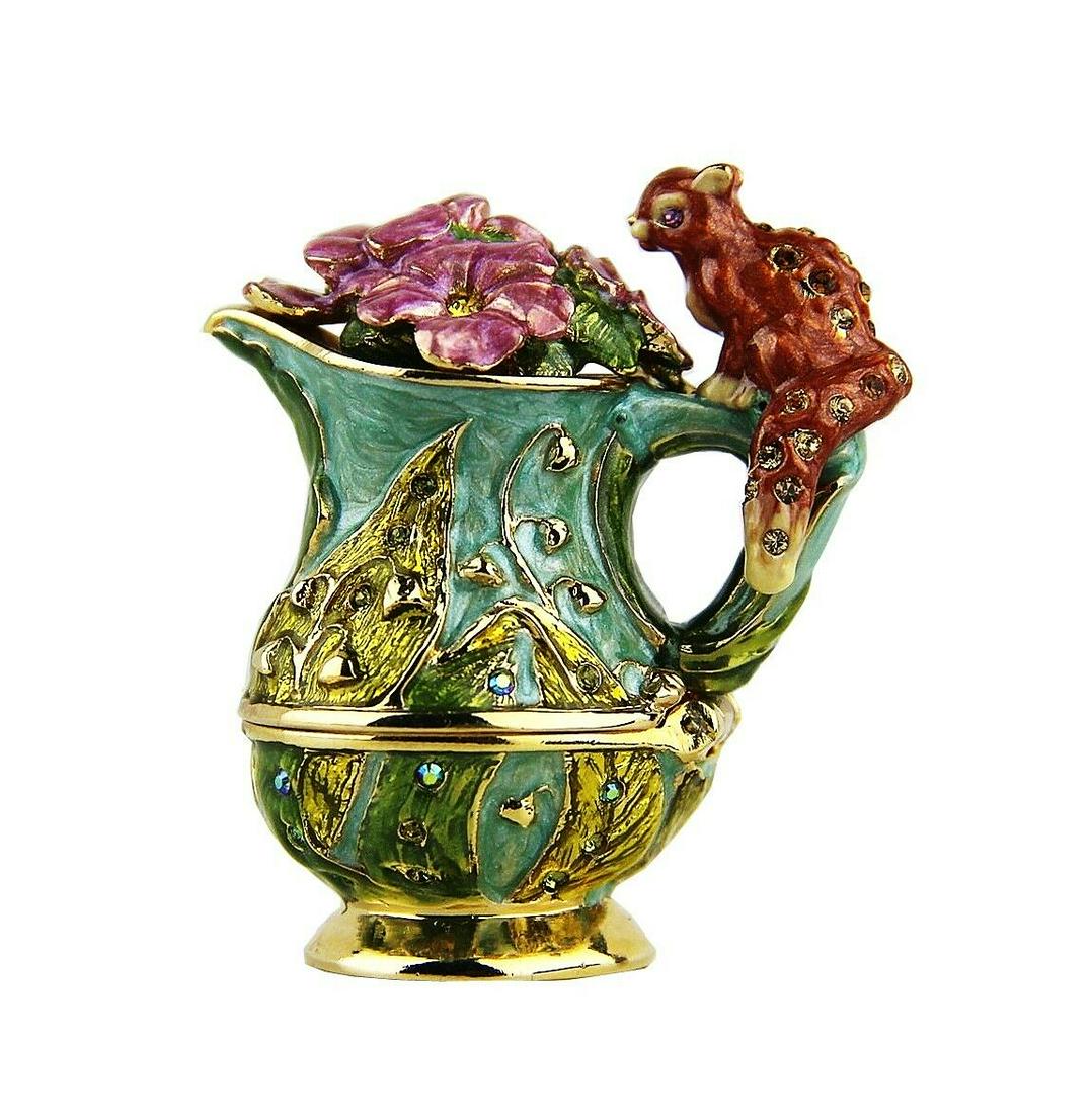 JAY STRONGWATER 2006 FOR ESTEE CHIPMUNK ON PITCHER with: JAY STRONGWATER2006 For Estee Lauder GORGEOUS CHIPMUNK ON PITCHERWith Swarovski CrystalsAnd GREEN EnamelNever Filled with Perfume, Never Used24K GOLD PLATEDHand Enameled over Gold Tone Metal1.75" Deep