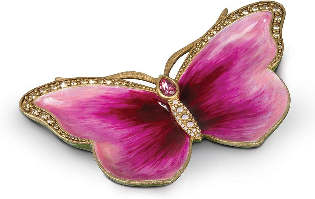 Jay Strongwater Juliet Butterfly Trinket Tray - Pink: The watercolor-enameled wings of our Juliet Butterfly Trinket Tray cradle your treasures. Hand-detailed in vivid enamel and crystals. Materials: Lead-free metal with a 14K gold and medium brown antiqu