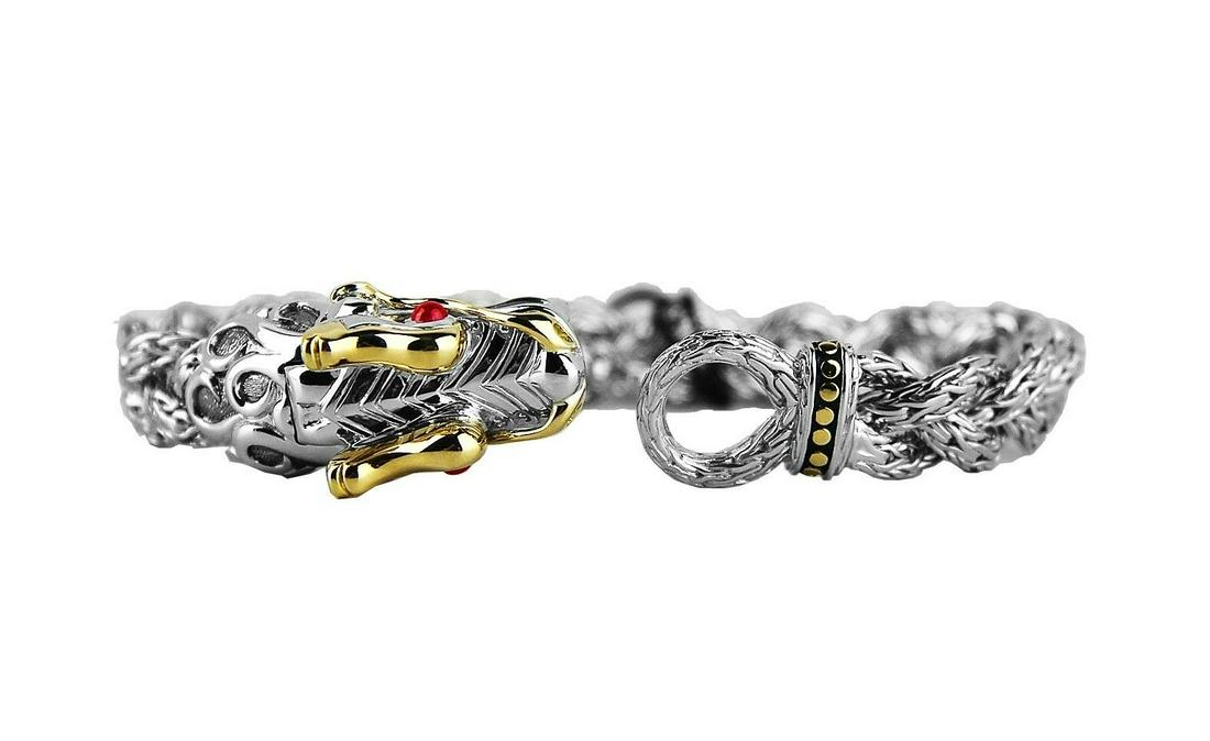 JOHN HARDY 10 MM WOVEN ST.SILVER & 18K GOLD RUBY NAGA: BRAND NEW IN ORIGINAL BOX, POLISHING CLOTH & POUCH100% AUTHENTICAMAZING AND HEAVY, DEFINITELY HUGE STATEMENT!JOHN HARDYGORGEOUS WIDE WOVEN NAGA BRACELET - # 54BMADE OF SOLID .925 STERLING SILVER 18K S
