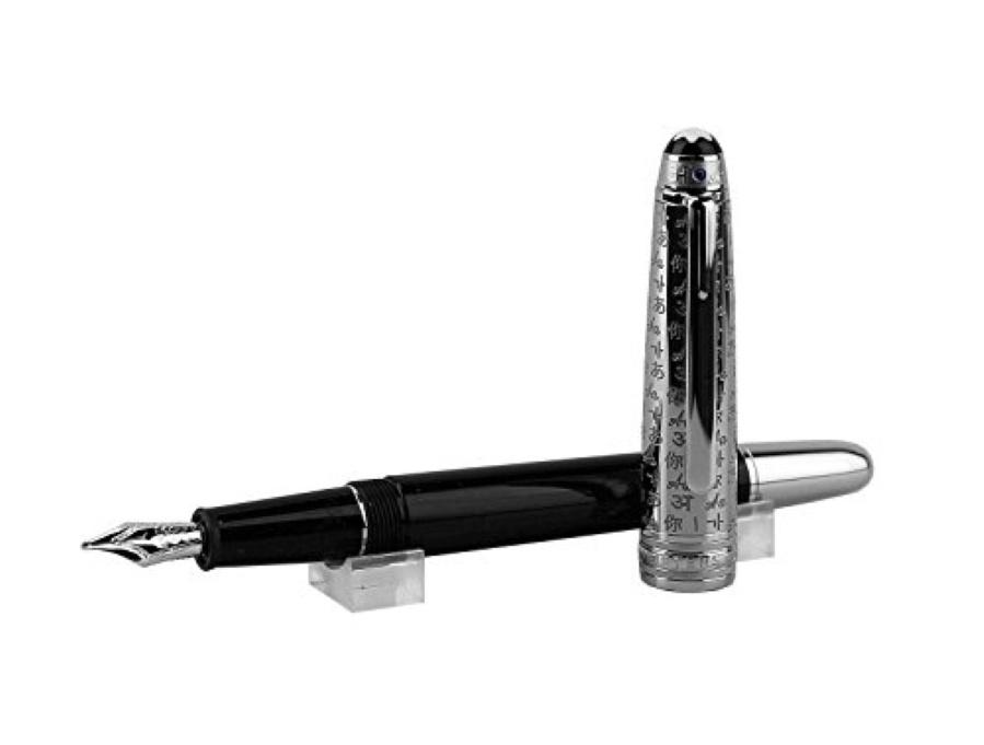 MONTBLANC SOLITAIRE UNICEF DOUE PLATINUM 116079: MONTBLANC UNICEF DOUE PLATINUM PLATED SAPPHIRE FOUNTAIN PEN THIS IS A 145 PEN. SOLID 18K WHITE GOLD SIZE "F" (Fine) 100% AUTHENTIC & 100% BRAND NEW MONTBLANC BOX ORIGINAL PRESENTATION BOX Service Guid